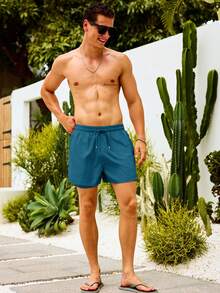 CoralVoy Men's Solid Color Double-Layer Drawstring Waist Beach Shorts, Holiday - Dark Green - View 3