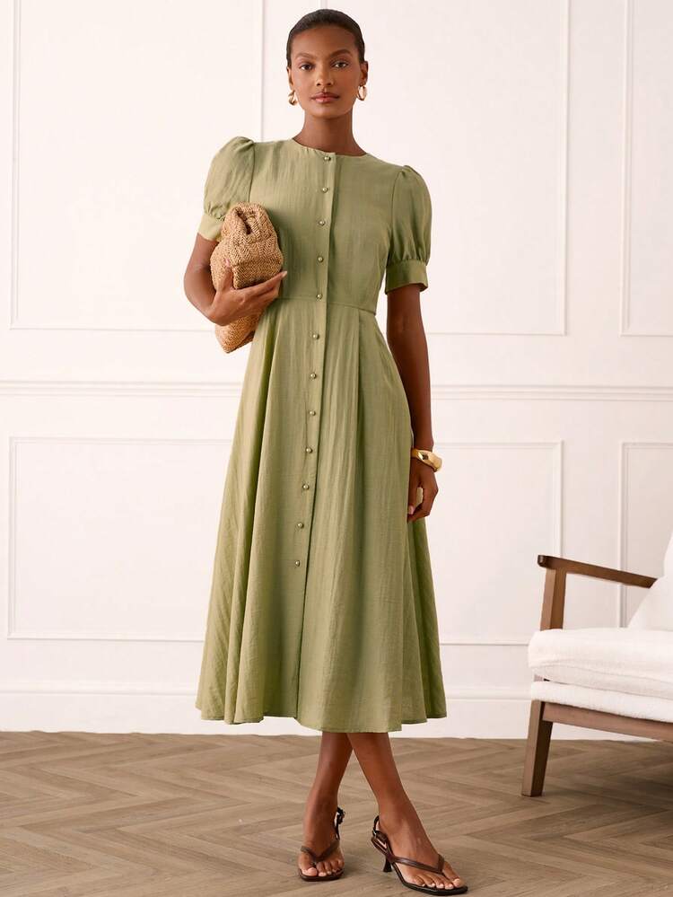 linen sage green dress Lilora Women's Elegant French French Style Mid-Length Dress,Summer Wedding Tea Party Guest Commuter Petal Sleeve Picnic Party big & tall