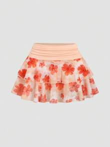 Sweetra Set casual da 2 pezzi in stile vacanza francese da donna, composto da top senza maniche con collo alla francese e stampa, e gonna corta con vita plissettata e balza, adatto per primavera/estate - Multicolore - Visualizzare 5