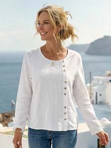 EMERY ROSE 纯色装饰纽扣衬衫，度假休闲 - 白色 - 查看 3