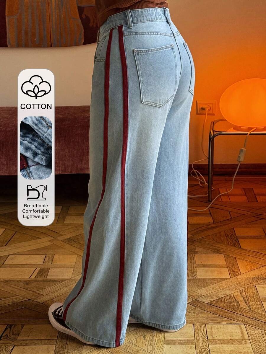 Dazy Plus Light Wash Blue Contrast Tape Patchwork Loose Wide Leg Jeans, Street Style, All Season - Light Wash - View 1