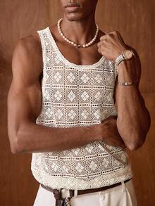 AKNOTIC 男士休闲菱形图案提花针织修身无袖背心 男士钩针背心 男士夏季背心 男士背心 节日网眼男士上衣 男士钩针背心 - 米色 - 查看 1