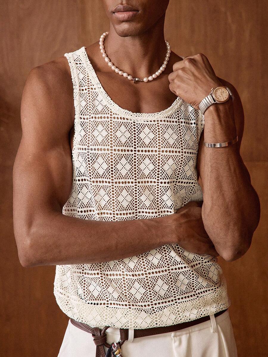 AKNOTIC 男士休闲菱形图案提花针织修身无袖背心 男士钩针背心 男士夏季背心 男士背心 节日网眼男士上衣 男士钩针背心 - 米色 - 查看 1