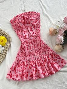 SHEIN Unity Vestido curto feminino de verão com estampa floral miúda, modelo tomara que caia, justo ao corpo, romântico e perfeito para férias. - Multicolorido - Ver 1