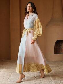 Anewsta Petite Women's Pink Stripe Summer Elegant Brunch Vacation Holiday Colorful Striped Polo Collar Lantern Sleeve Asymmetrical Patchwork Long Dress With Belt , Petite Women - Multicolor - View 3