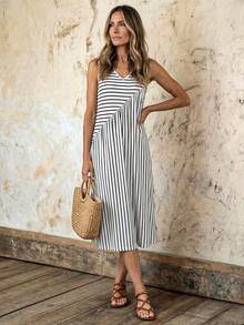 EMERY ROSE 女士条纹V领休闲宽松无袖中长连衣裙 - 黑與白 - 查看 4