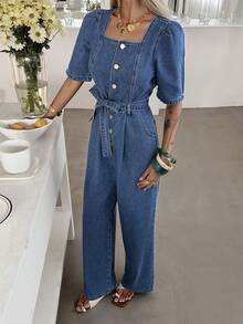 DAZY 女士休闲水洗方领花瓣袖系带牛仔连体裤，春夏款 - 中等水洗藍 - 查看 5