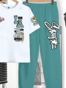 SHEIN 2pcs Tween Boy Casual Y2K Graffiti Letter Print Short Sleeve T-Shirt And Pants Set, Suitable For Spring/Summer - White - View 6