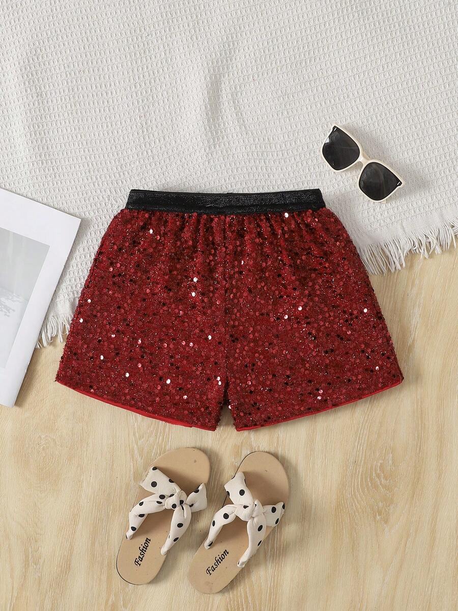 SHEIN Tween Girls' Casual Vacation Beaded Wide Leg Shorts - Burgundy - View 1