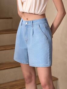 Selenza Women's Elegant Ruched Waist Denim Shorts, Summer - Light Wash - View 3