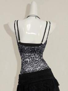 SHEIN ICON Women's Gray Leopard Print Sheer Camisole, Paired With Black Lace Spaghetti Strap 2 In 1 Camisole - Grey - View 2