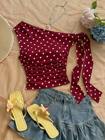 Soleia Plus Size Women Polka Dot Print Asymmetrical Shoulder Twist Ruched Fashionable Blouse