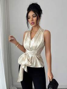 Selianne Women's Elegant V-Neck Sleeveless Wrap Tie Camisole Top, Pleated Satin Champagne Color, Unique Design, Suitable For Spring/Summer Vacation - Champagne - View 7