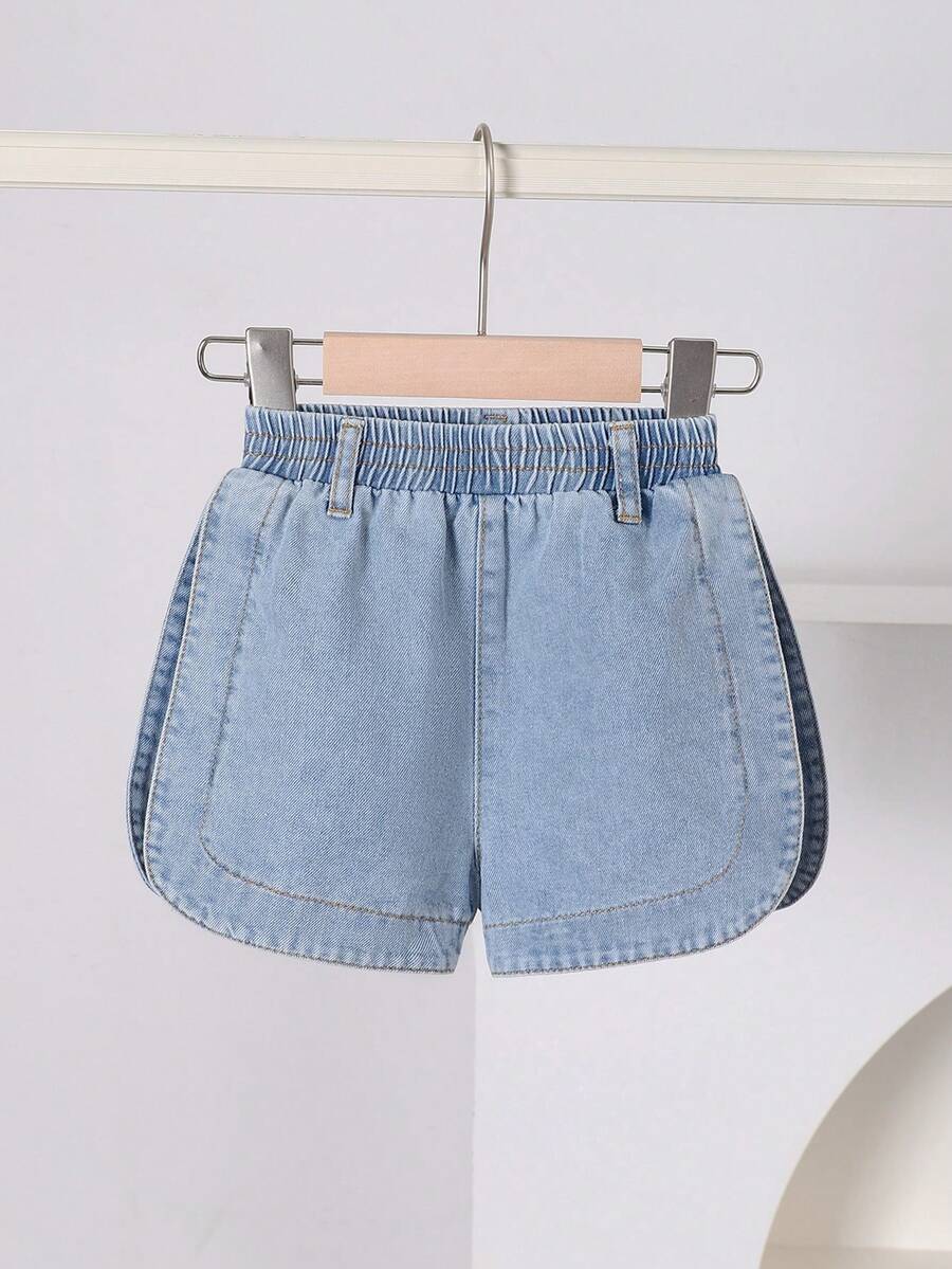 Baby GirlSummer/Spring Squishy Washed Casual Denim Shorts, Elastic Waist Faux Cuff Design, Versatile Daily Wear - Blue - View 1