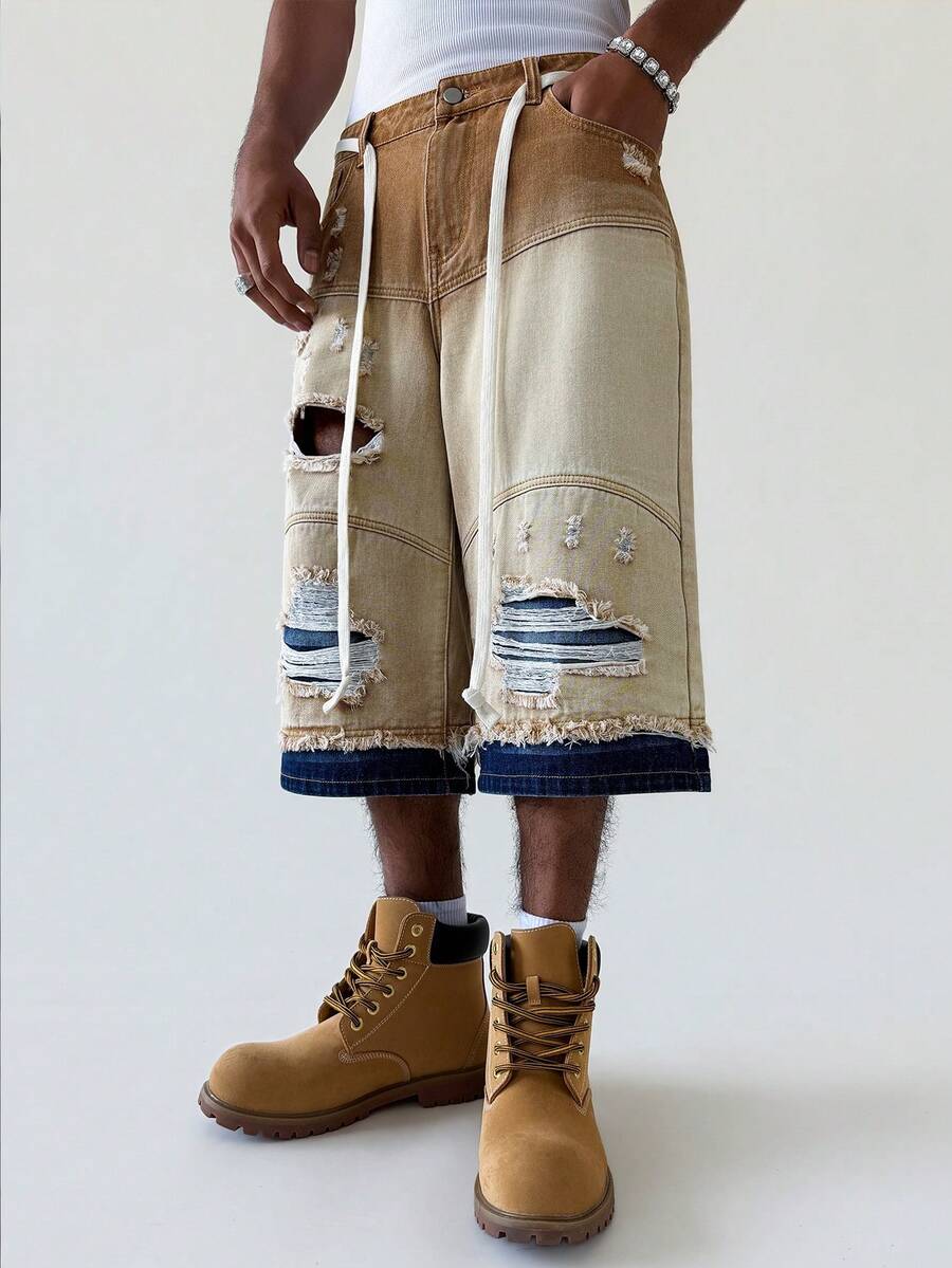 PAVTROS Men's Ripped Slant Pocket Drawstring Loose Fit Denim Shorts - Khaki - View 1