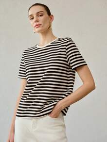 MOTF PREMIUM CAMISETA DE MUJER DE CUELLO REDONDO DE MANGA CORTA, BLUSA RAYADA CASUAL Y VERSÁTIL PARA EL VERANO - Negro - Ver 4