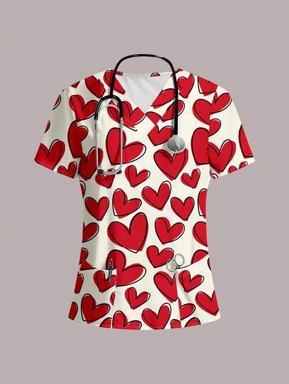 PopScrub Women's V-Neck Printed Matte Blouse With 2 Pockets - Comfortable Work Uniform