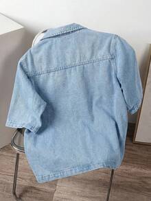 Manfinity Joysei Men's Solid Color Front Button Pocket Casual Short Sleeve Denim Shirt - Blue - View 2