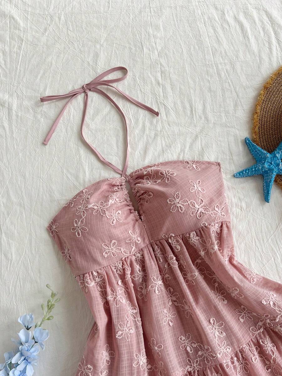 Elamini Women's Pink Embroidered Tie-Up Camisole Dress, Casual Sexy Beach Vacation Style For Spring/Summer - Pink - View 1