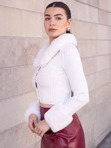 Andrea Bello Borg Collar Fuzzy Cuff Tight Cut Black Long Sleeves Cardigan,Long Sleeve Tops In Fall/Winter - White - View 3