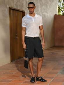AKNOTIC Business Casual Men's Cream Bermuda Shorts, Relaxed Fit & Button Closure. Lightweight Linen-Blend Fabric, Side Pockets. Perfect For Beach Vacations & Summer Style. - Black - View 5