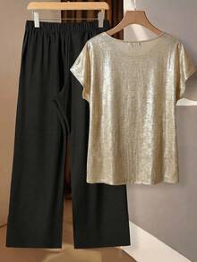 SHEIN Clasi Bộ đồ 2 mảnh dành cho nữ cỡ lớn, in hình dơi bằng giấy bạc, tay ngắn thắt nút và quần ống rộng, kiểu dáng thường ngày. - Nhiều màu - Xem 3