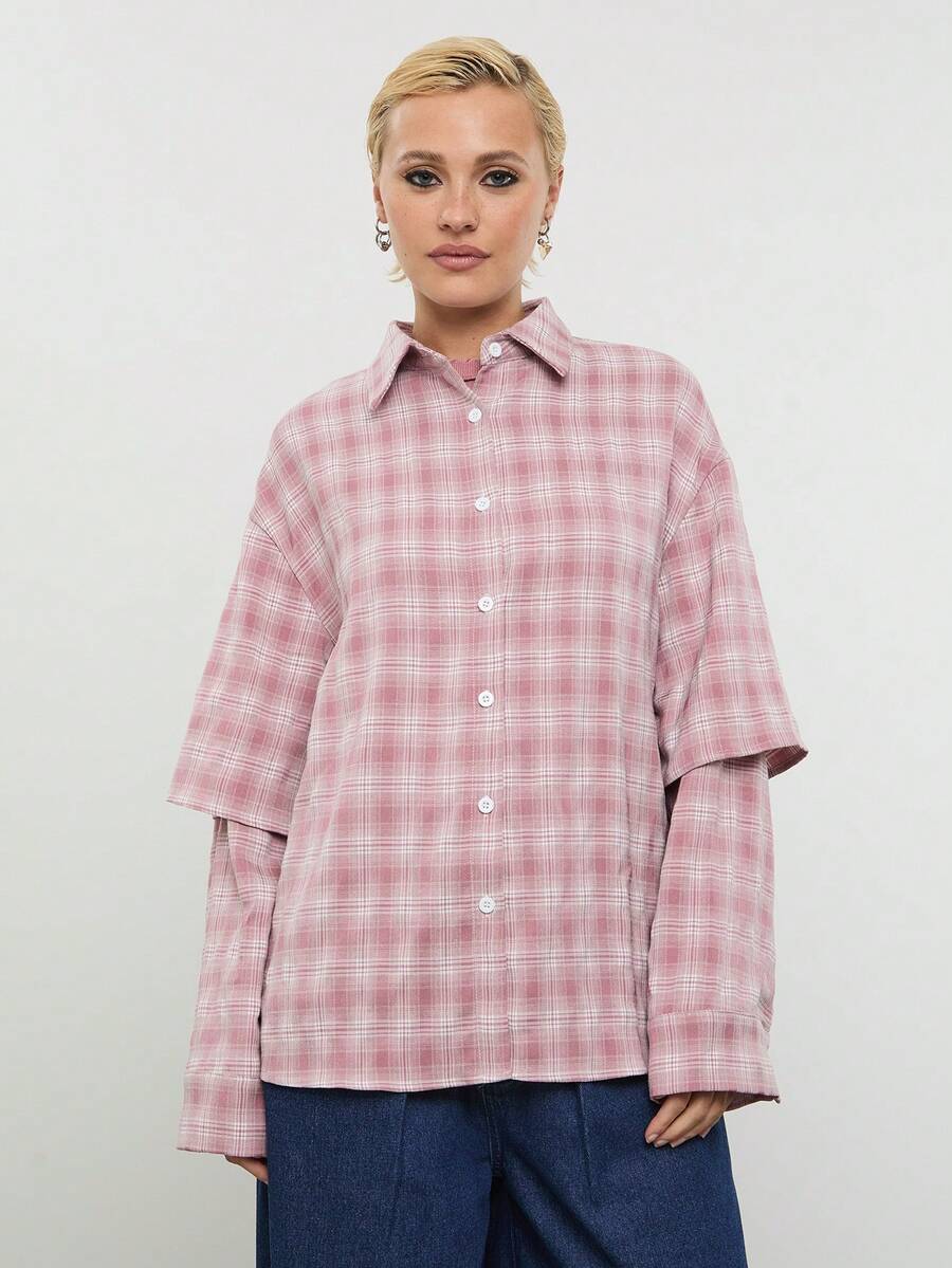 COUREZ 长袖宽松格纹双层衬衫 / Y2K 春季女装 粉色衬衫 外出穿搭 夏季穿搭 春假穿搭 夏季衬衫 - 粉色 - 查看 1