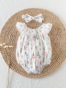 SHEIN Bộ áo liền quần cotton tay bồng cổ tròn dễ thương in họa tiết hoa và cỏ cho bé gái sơ sinh, có cúc bấm và băng đô, thích hợp cho các hoạt động mùa hè, cuối tuần ở công viên hoặc dã ngoại. - Nhiều màu - Xem 3