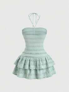Sweetra Women's Halter Tie Waist Ruffle Hem Dress - Mint Green - View 2