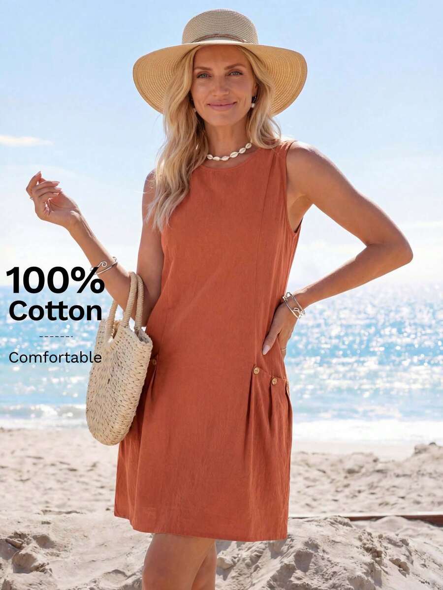 Sylviya Đầm nữ không tay, màu trơn, hai túi, kiểu dáng thường ngày, thích hợp cho kỳ nghỉ hoặc dịp lễ hội. - Rỉ Nâu - Xem 1