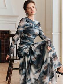 Anewsta 时尚优雅通勤扎染褶裥修身连衣裙（女款） - 黑與白 - 查看 1