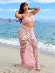 GalTyme Váy maxi nữ cỡ lớn thanh lịch, gợi cảm, kiểu dáng nghỉ dưỡng biển, được móc thủ công, đính cườm, sequin nhiều màu sắc, thời trang, đa năng, khoét lỗ. - Hồng - Xem 4