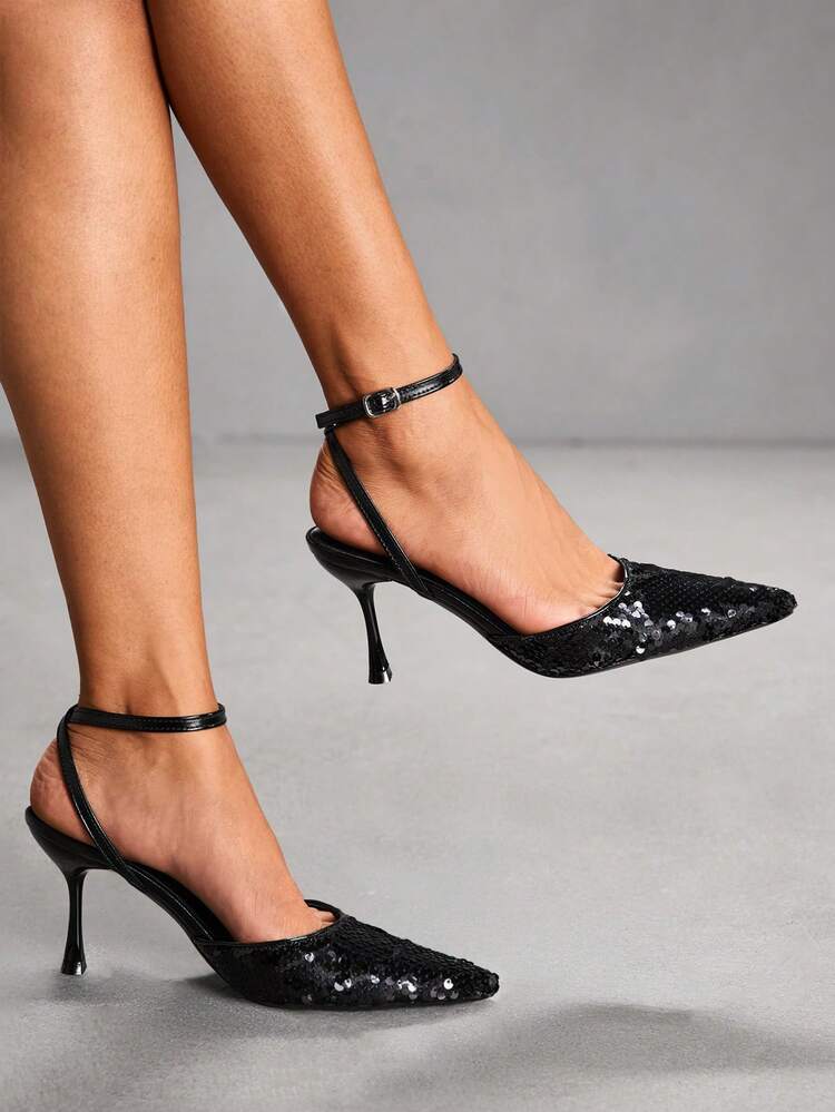 CUCCOO SZL Women's Pointed Toe Ankle Strap Black Beaded Fashionable Sexy Stiletto High Heel Pumps Spring Shoes