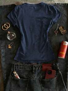 Noixe Áo thun cổ tròn họa tiết chữ cái phong cách Y2K retro, thoải mái, nhiều màu sắc, thích hợp cho nữ, phong cách đường phố thường ngày. - Màu xanh hải quân - Xem 2