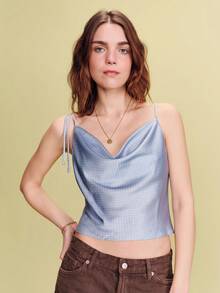 lacRébo Sky Blue Polka Dot Cowl Neck Cami Top With Tie Shoulder Straps Spring Summer Chic Going Out Spring Summer Vacation French Style Parisian Style - Blue - View 3