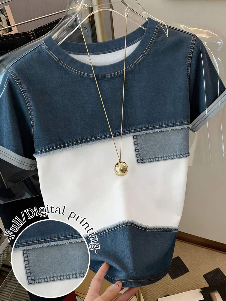 Resyla Casual Fitted Denim Knit Pullover Short Sleeve T-Shirt For Women - White - View 1