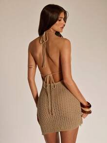 SHEIN BAE 优雅吊坠装饰露背吊带针织连衣裙，女士款 - 駝色 - 查看 3