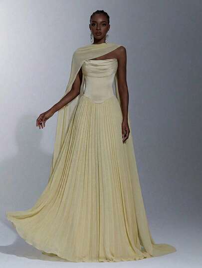 Elitara Women's Elegant Pale Yellow Satin & Chiffon Splice Draped Neck Pleated Hem A-Line Maxi Dress,Detachable Neck Strap Evening Gowns For Weddings&Parties