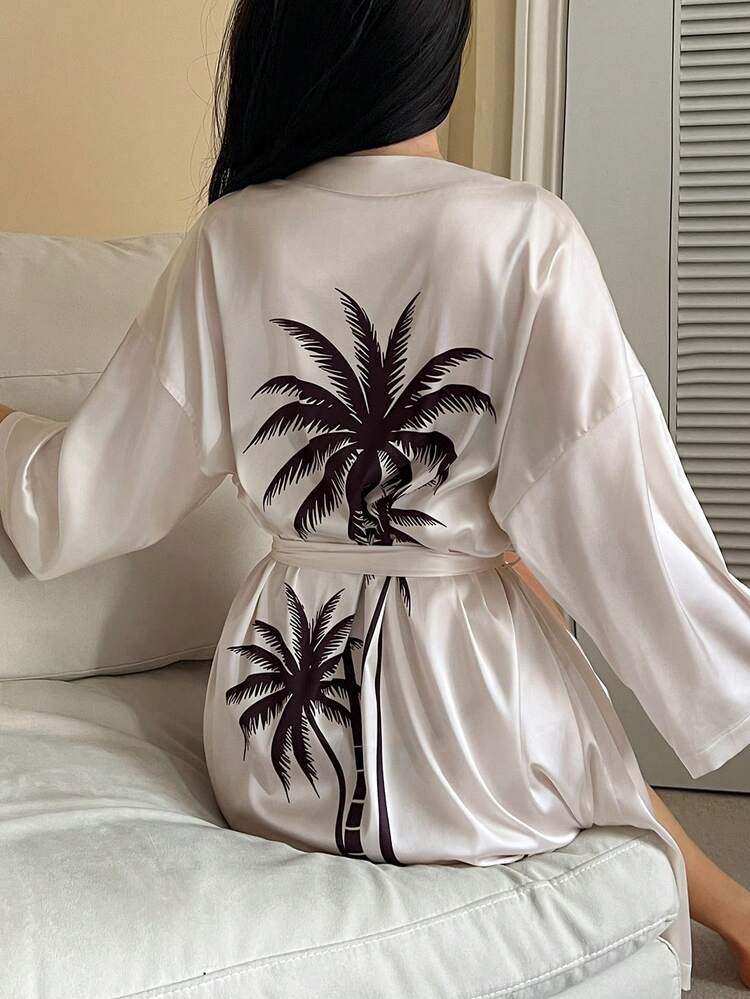 Tropical Tree Print Satin Loose Tie Waist Robe, Women Summer Spring Loungewear Outerwear