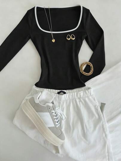 Glimmora Minimalist Fashion Navy Black Square Neck Slim-Fit Long-Sleeve T-Shirt Suitable For Spring, Summer, Fall, And Winter Fashion T-Shirt Stylish T-Shirt Gift For Siblings Gift For Sisters Gift For Mom Mother's Day Gift Casual Minimalist Fashion Top