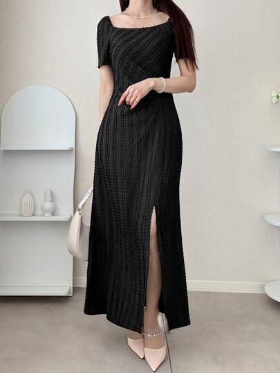 FRIFUL 女士方领纹理面料装饰A字高开衩甜美休闲性感连衣裙长裙