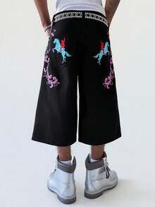 PAVTROS Men's Embroidered Loose Casual Slant Pocket Wide Leg Denim Shorts - Black - View 2