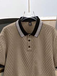 Manfinity Joysei Plus Size Men's Contrast Trim Textured Short Sleeve Polo Shirt - Khaki - View 7