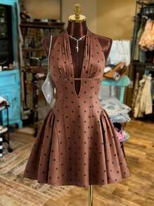 Pariaura 2026 New Women's Satin Polka Dot Halter Neck Backless Mini Dress - V-Neck Ruched Flared Hem Spring Summer Party Dress - Brown - View 6