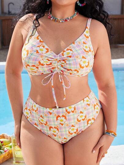 Swim Mod Plus Size Women Random Floral Print Cute Bikini 2-Piece Swimwear Set, Beach, Party, Yacht, Pool, Vacation