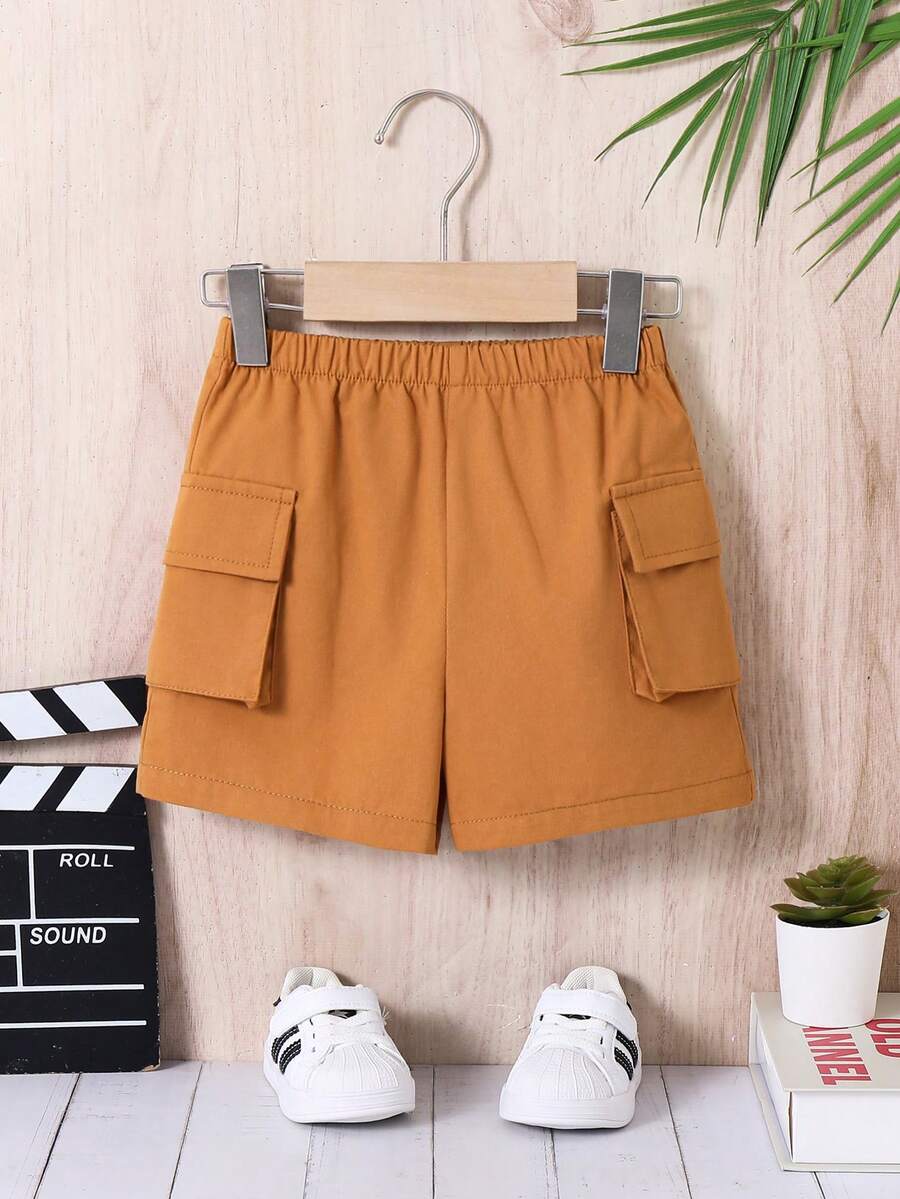 Baby Boy Solid Color Elastic Waist Loose Casual Cargo Shorts - Khaki - View 1