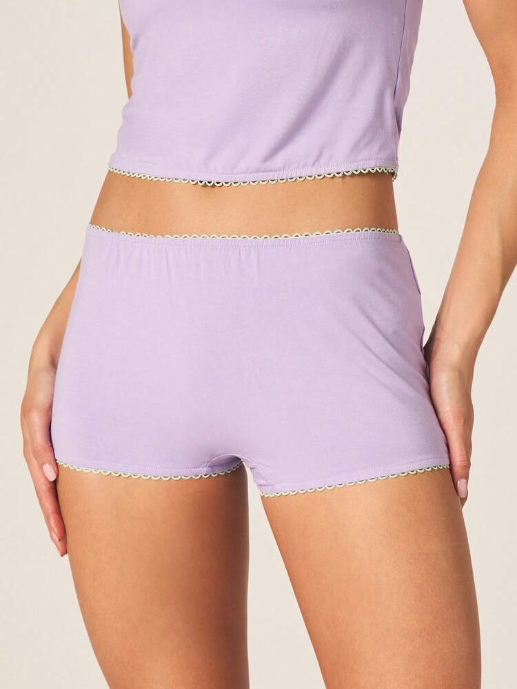MISSGUIDED Cropped Cami And Hotpant Nightwear Set With Embroidery Detail Lavender Purple Mint Trim Pajama Sleepwear Two Piece Loungewear