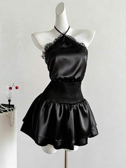 Sweetra Fashionable Halter Neck Design Satin Delicate Waist Gathering Layered Cake Skirt Hem Playful Sexy Subculture Sweet Lace Accent Spring/Summer New Women Dress
