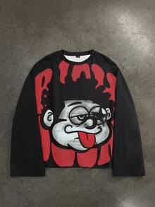 Manfinity ZONE917 方正宽松做旧趣味大脸图案短款长袖T恤 - 黑色 - 查看 7