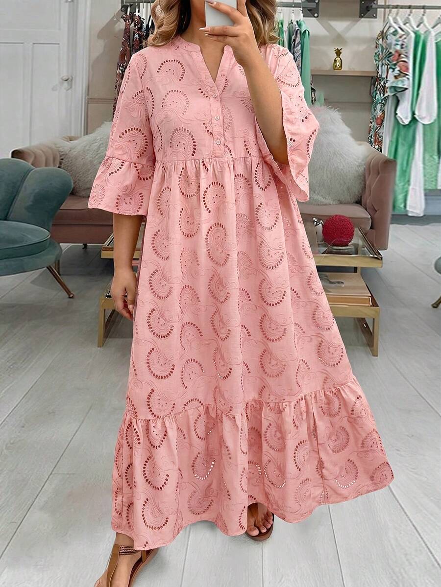 SHEIN LUNE 大码连衣裙 情人节红色连衣裙 女士长款连衣裙 夏季连衣裙 夏季波西米亚风复古风 - 粉色 - 查看 1